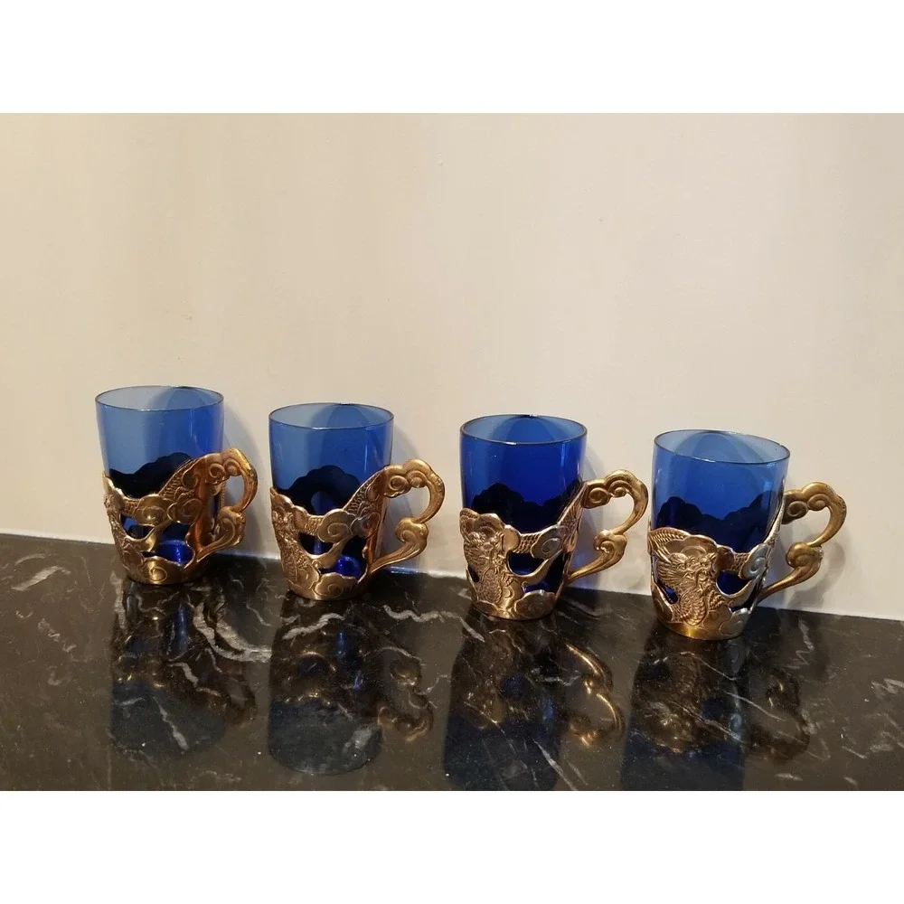 Vintage Blue Shot Glasses & Gold Metalic Holder w Dragon Design Set of 4
